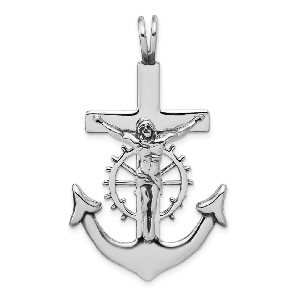 Sterling Silver Antiqued 2D Mariner's Crucifix Cross Pendant, 29x45mm
